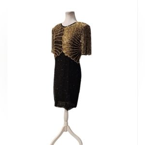 Gorgeous 90s Vintage Gold & Black Sequins & Beaded Dress with Open Back